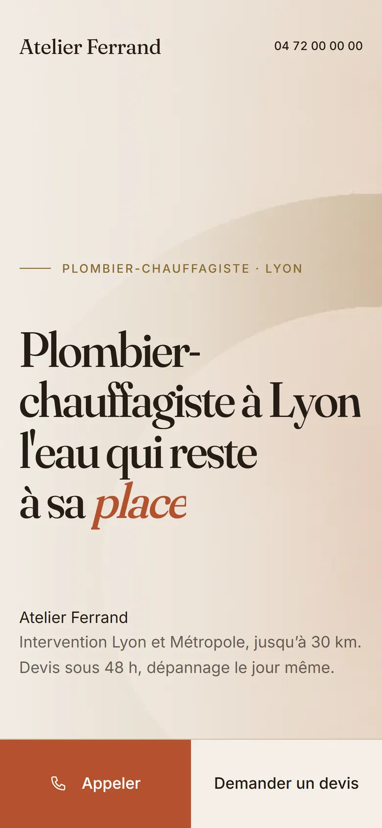 Page d'accueil du site de démonstration Atelier Ferrand sur téléphone